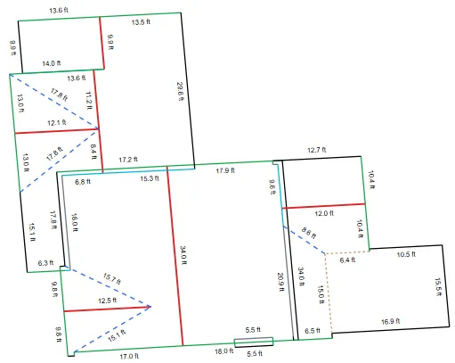Human Certified Report roof diagram: every roof edge drawn and measured, with eaves, valleys, hips, ridges, rakes and headwalls labeled with their lengths in feet