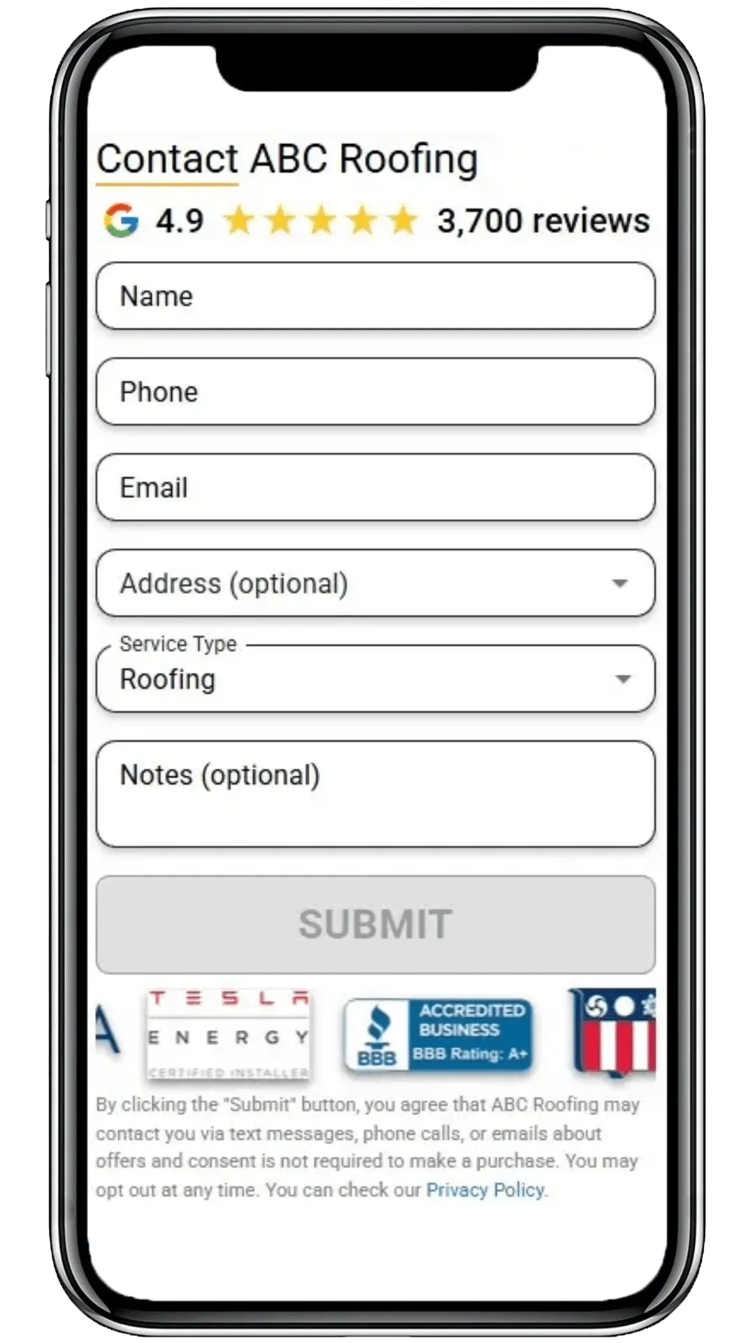 Example of the Instant Roofer Website Contact Form with Google rating, essential fields, and trust badges